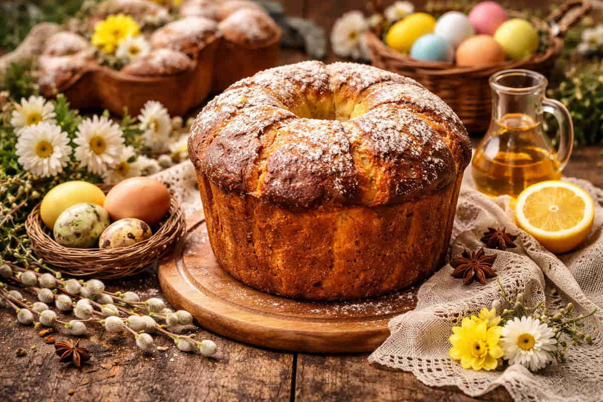 Pigna di pasqua su tagliere di legno circondata da elementi pasquali