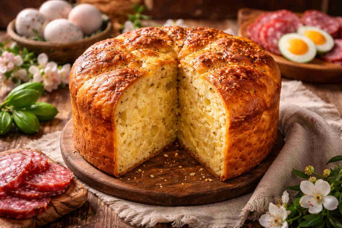 Pizza di pasqua su tagliere di legno