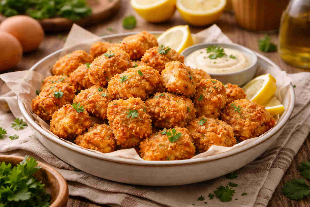 Pollo croccante in un piatto da portata su tavolo di legno