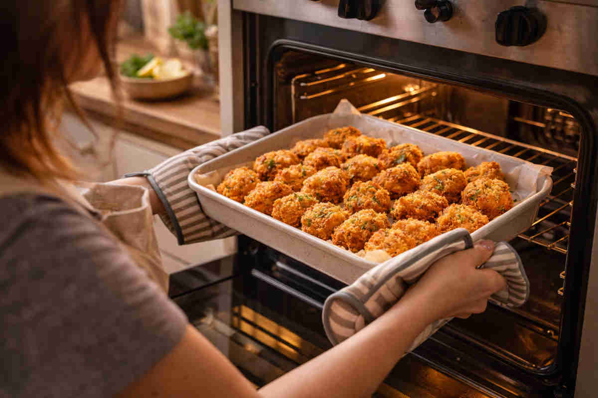 Primo piano di una donna che estrae dal forno una teglia con dei bocconcini di pollo croccanti