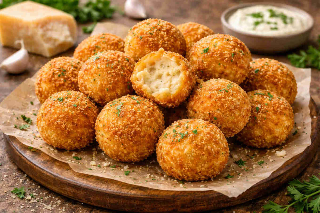 Polpette di parmigiano su tagliere di legno