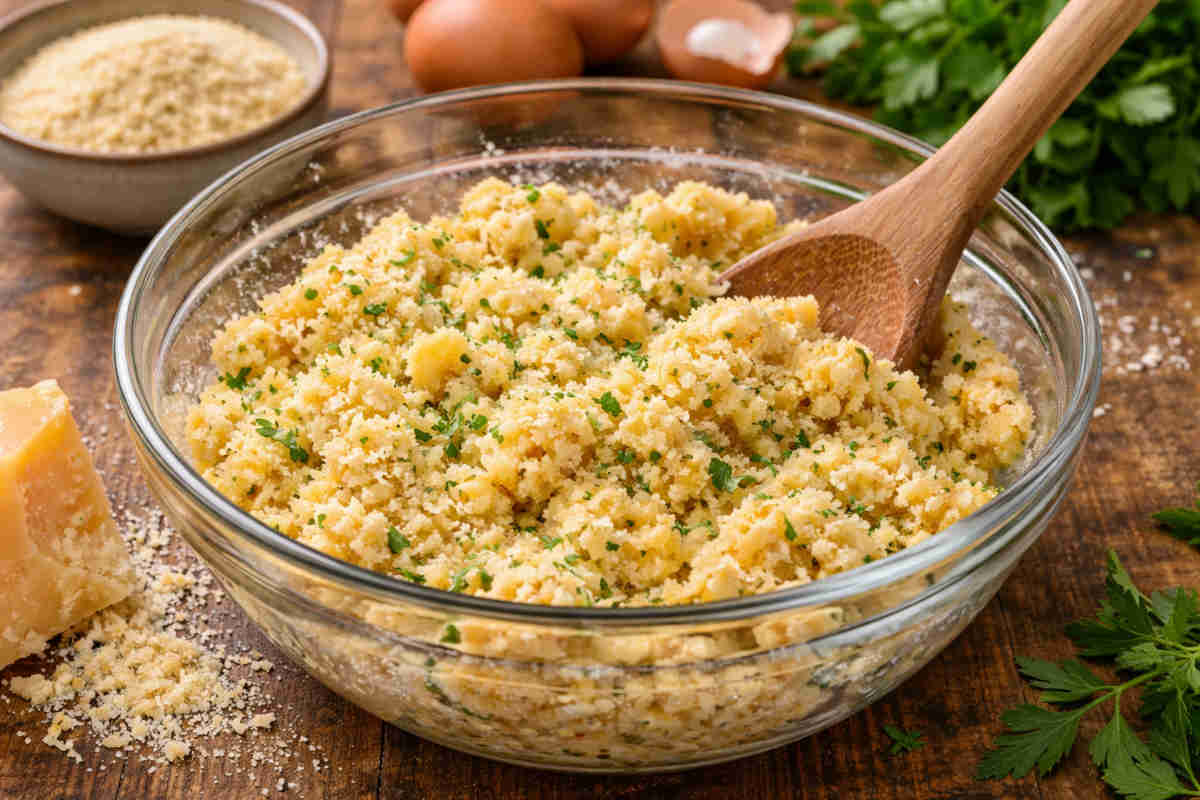 Ciotola in vetro con impasto per preparare delle polpette di parmigiano