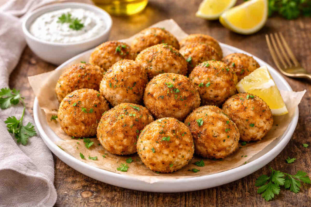 Piatto da portata su tavolo di legno con all'interno delle polpette di pesce croccanti fuori e morbide dentro