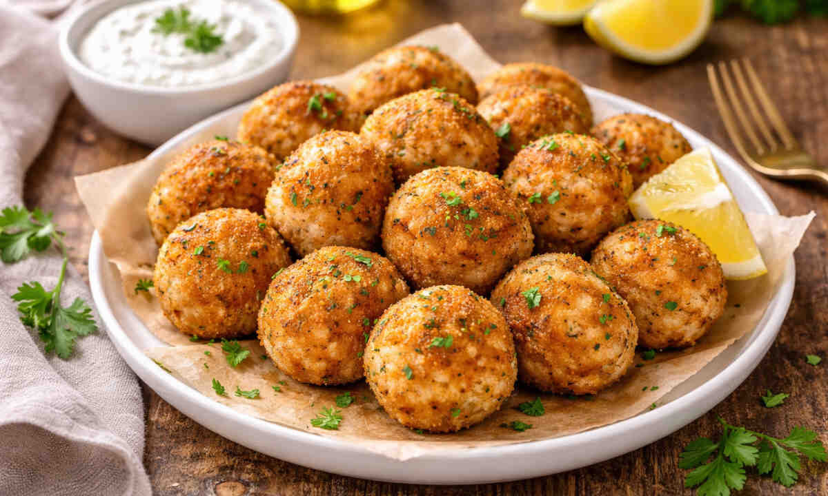 Piatto da portata su tavolo di legno con all'interno delle polpette di pesce croccanti fuori e morbide dentro