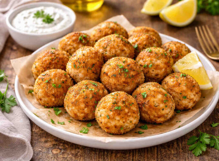 Piatto da portata su tavolo di legno con all'interno delle polpette di pesce croccanti fuori e morbide dentro