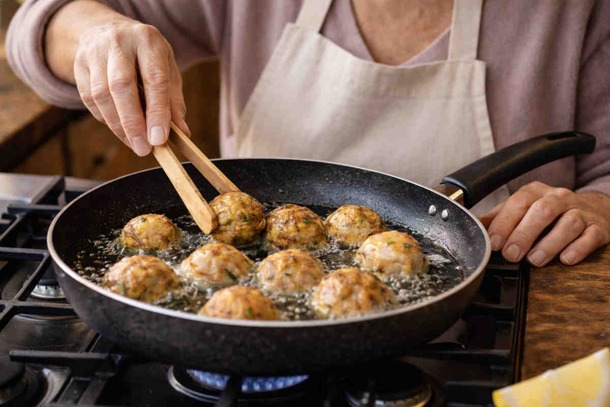 Signora anziana mentre frigge delle polpette di pesce croccanti fuori e morbide dentro
