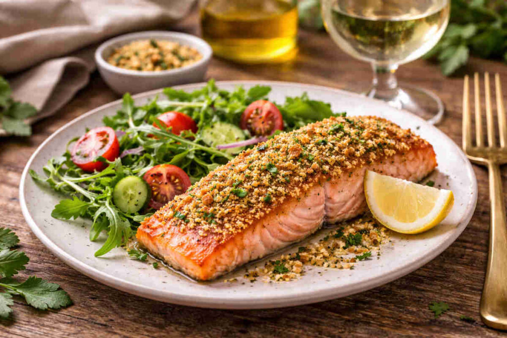 Salmone croccante al forno con contorno di insalata su piatto di ceramica