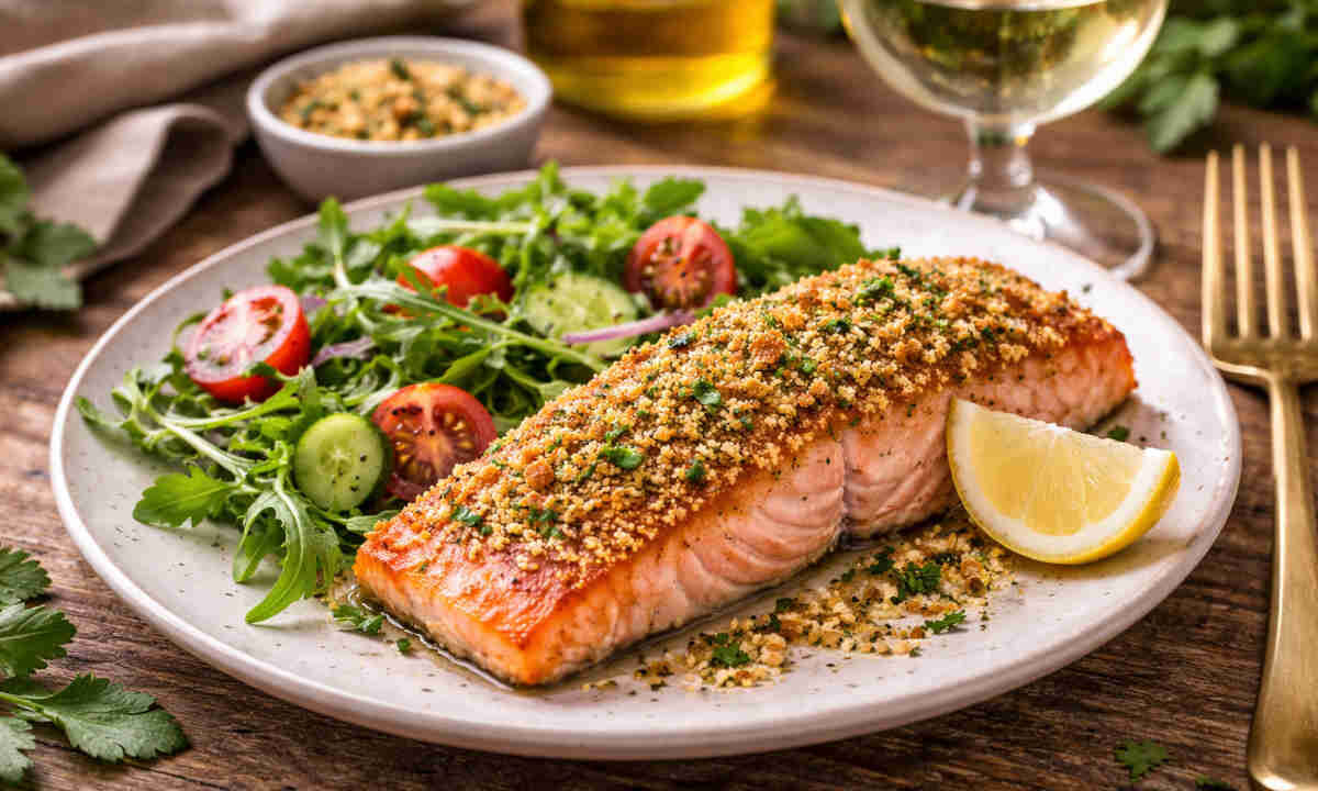 Salmone croccante al forno con contorno di insalata su piatto di ceramica