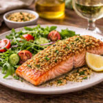 Salmone croccante al forno con contorno di insalata su piatto di ceramica