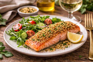 Salmone croccante al forno con contorno di insalata su piatto di ceramica
