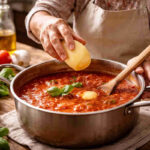 Signora anziana che mette una patata nel sugo di pomodoro