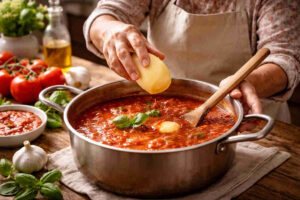 Signora anziana che mette una patata nel sugo di pomodoro