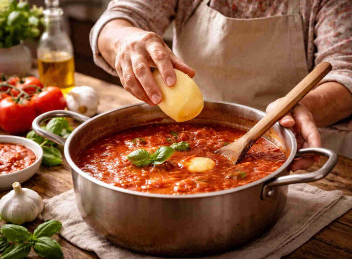 Signora anziana che mette una patata nel sugo di pomodoro