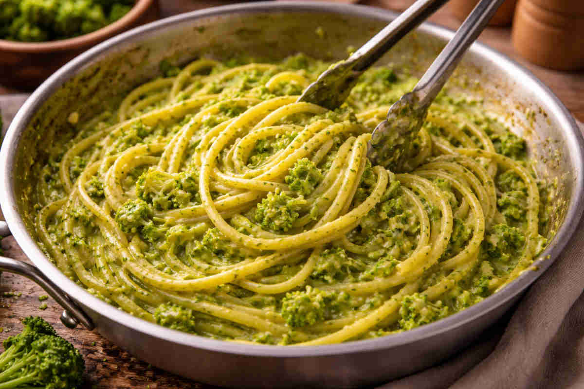 Spaghetti broccoli e bottarga mantecati in un contenitore di acciaio