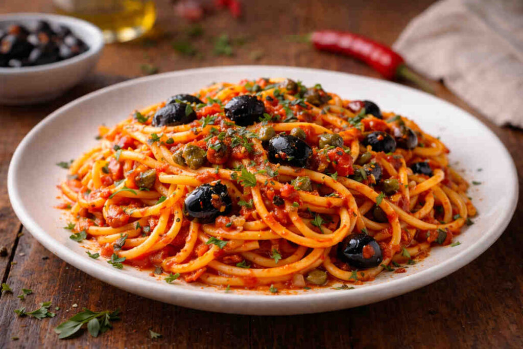 Piatto bianco su tavolo di legno con all'interno degli spaghetti alla sgualdrina secondo la ricetta di Ugo Tognazzi