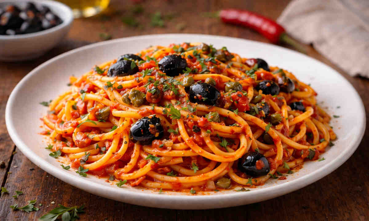 Piatto bianco su tavolo di legno con all'interno degli spaghetti alla sgualdrina secondo la ricetta di Ugo Tognazzi