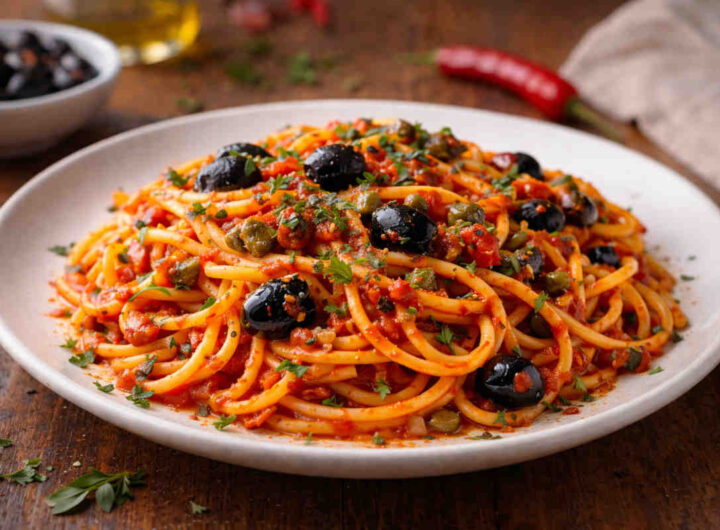 Piatto bianco su tavolo di legno con all'interno degli spaghetti alla sgualdrina secondo la ricetta di Ugo Tognazzi