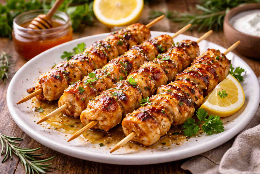 Piatto da portata con all'interno degli spiedini di pollo glassati con miele e limone