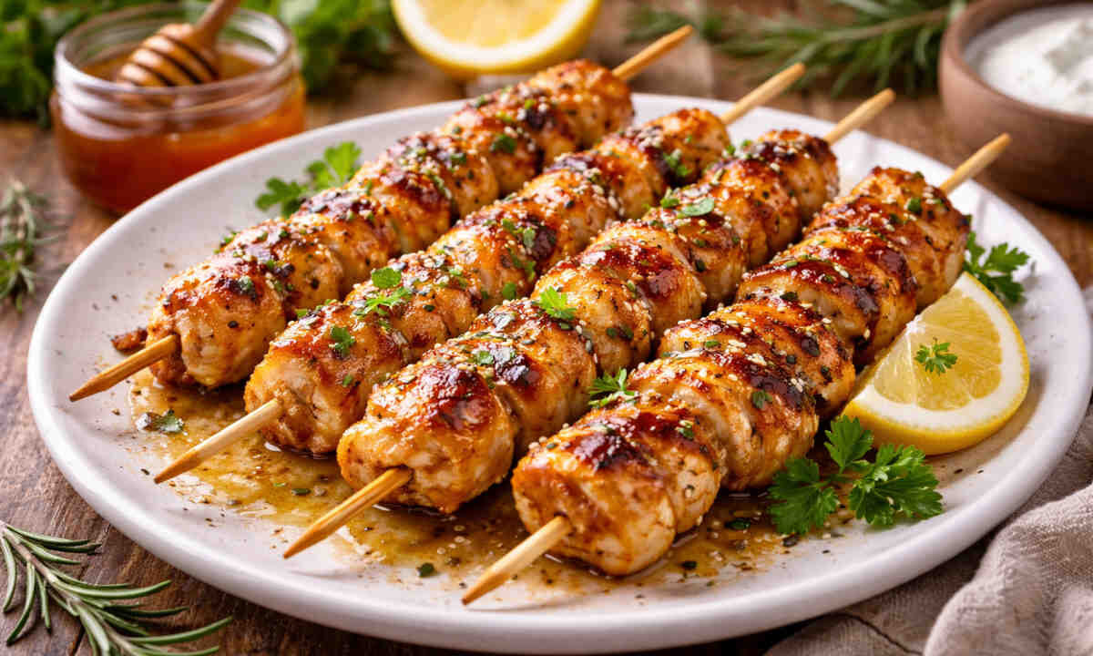 Piatto da portata con all'interno degli spiedini di pollo glassati con miele e limone