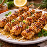 Piatto da portata con all'interno degli spiedini di pollo glassati con miele e limone