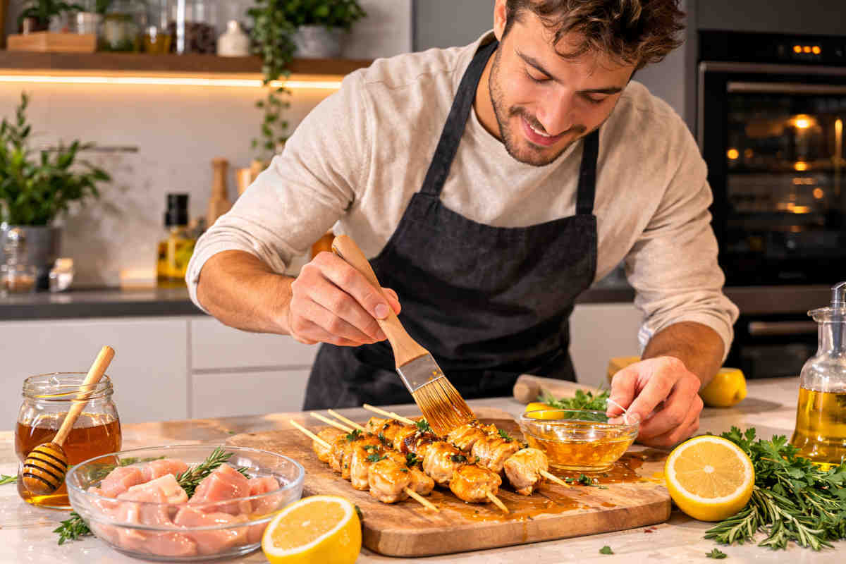 Ragazzo in una cucina di design che prepara degli spiedini di pollo glassati al limone