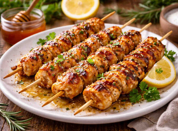 Piatto da portata con all'interno degli spiedini di pollo glassati con miele e limone