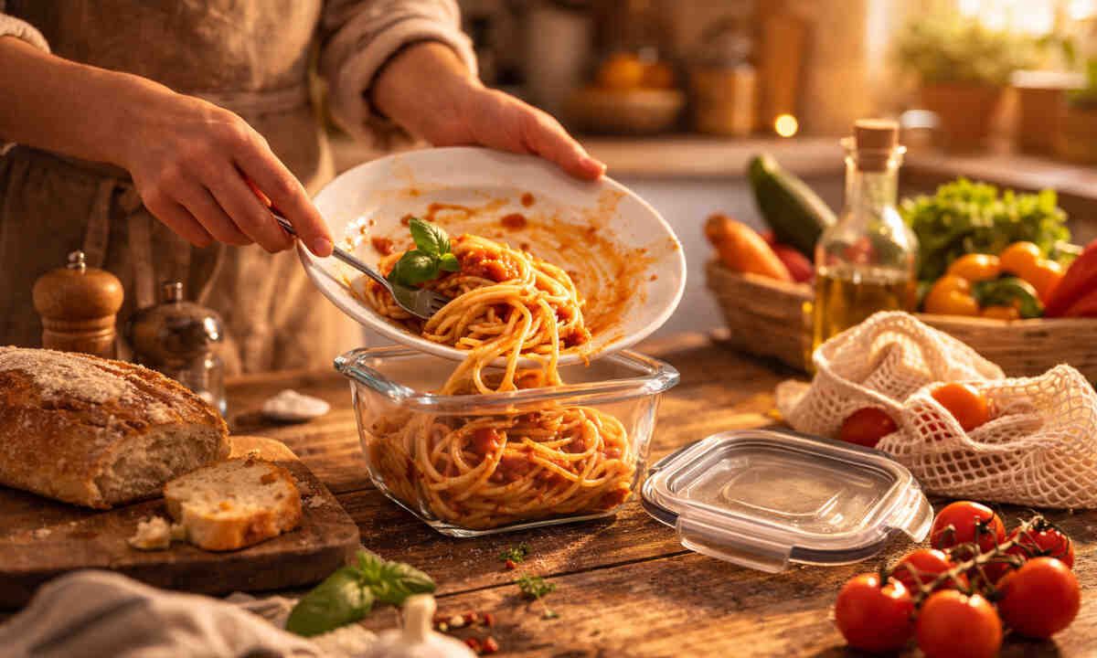Mani femminili che conservano in un contenitore degli spaghetti al sugo di pomodoro avanzati