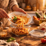 Mani femminili che conservano in un contenitore degli spaghetti al sugo di pomodoro avanzati