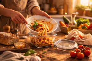 Mani femminili che conservano in un contenitore degli spaghetti al sugo di pomodoro avanzati