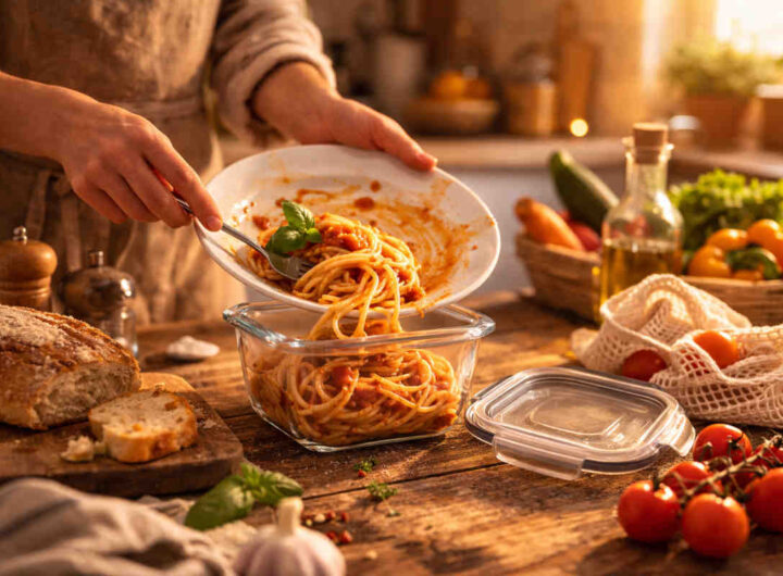 Mani femminili che conservano in un contenitore degli spaghetti al sugo di pomodoro avanzati