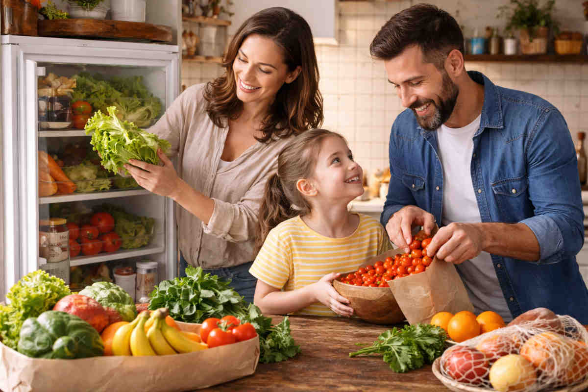 Famiglia che mette in ordine la spesa nel frigorifero della cucina