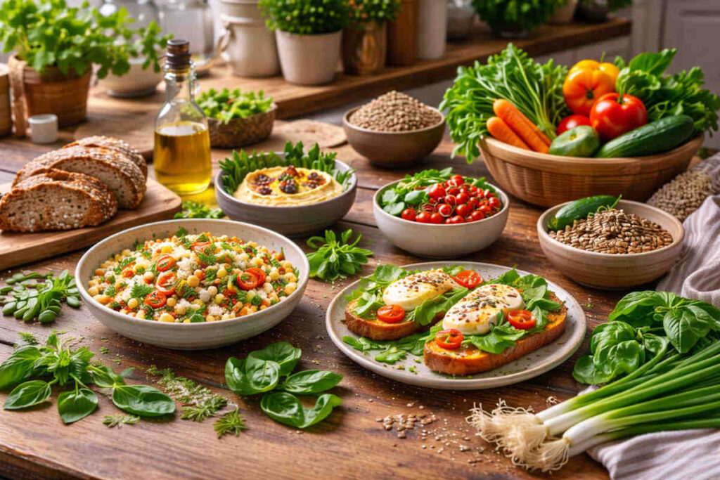 Tavola rustica in legno con sopra verdure e legumi