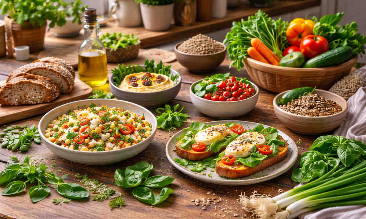 Tavola rustica in legno con sopra verdure e legumi