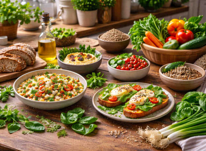 Tavola rustica in legno con sopra verdure e legumi