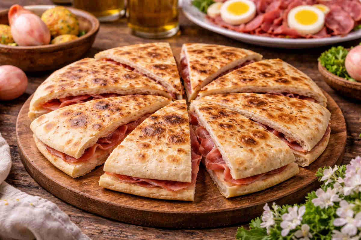 Torta al testo pasquale farcita con saluti su tagliere di legno