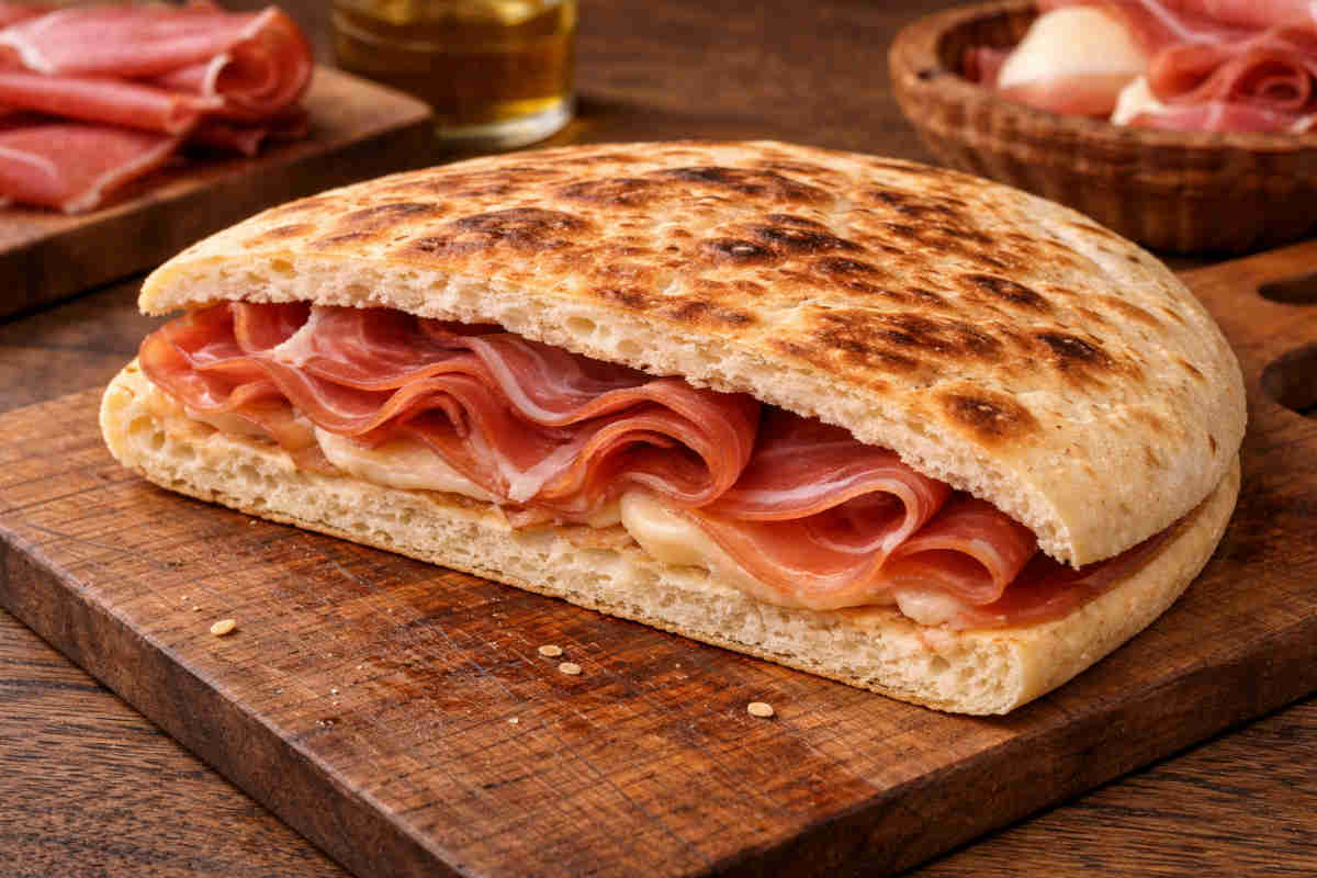 Torta al testo pasquale farcita con saluti su tagliere di legno