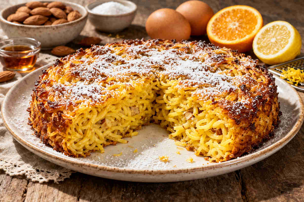 Torta di tagliolini su piatto da portata con ingredienti attorno