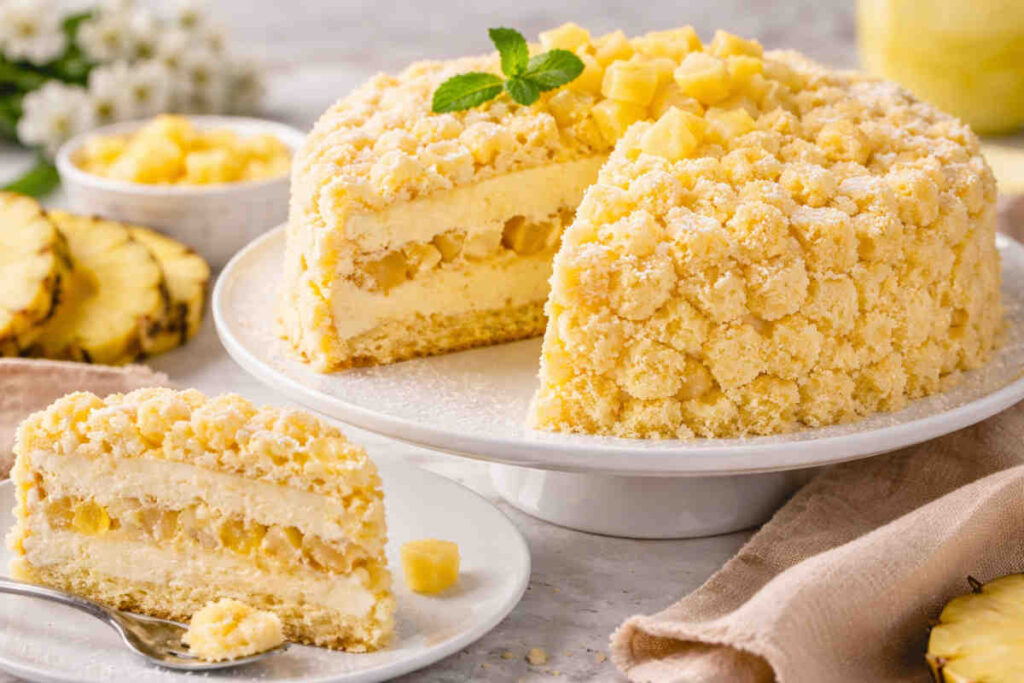 Piatto da portata con una torta mimosa all'ananas fresca e golosa