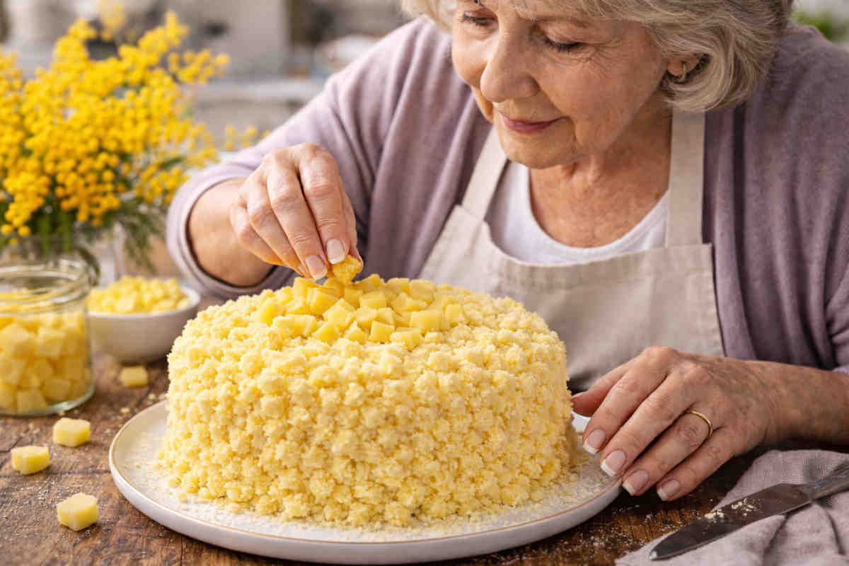 Signora anziana che decora una torta mimosa all'ananas