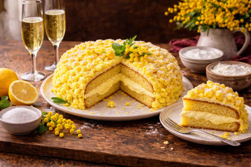 Torta mimosa soffice e cremosa su tavolo di legno in cucina rustica