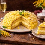 Torta mimosa soffice e cremosa su tavolo di legno in cucina rustica