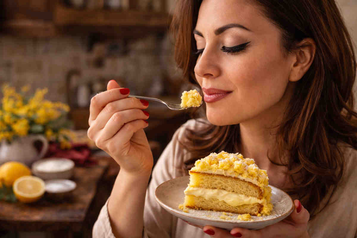 Ragazza castana che assaggia una fetta di torta mimosa