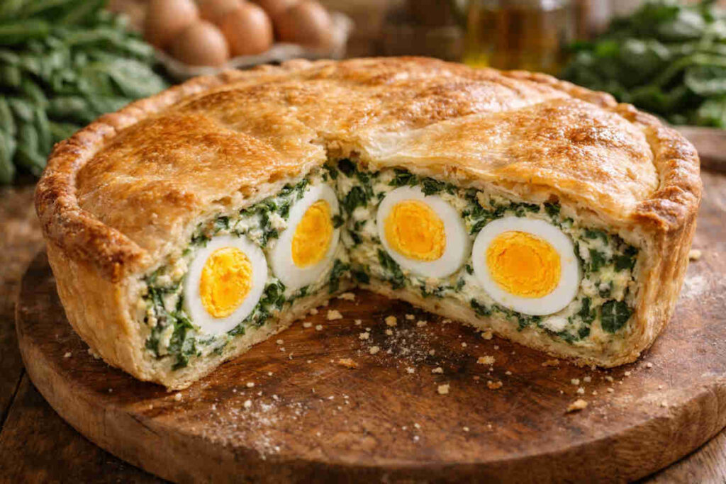 Torta pasqualina preparata secondo la ricetta ligure su tagliere rotondo di legno