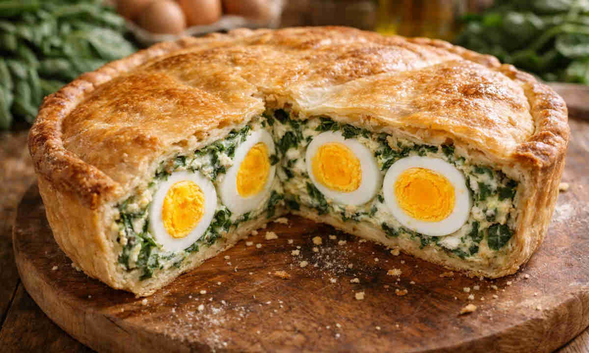 Torta pasqualina preparata secondo la ricetta ligure su tagliere rotondo di legno