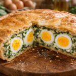 Torta pasqualina preparata secondo la ricetta ligure su tagliere rotondo di legno