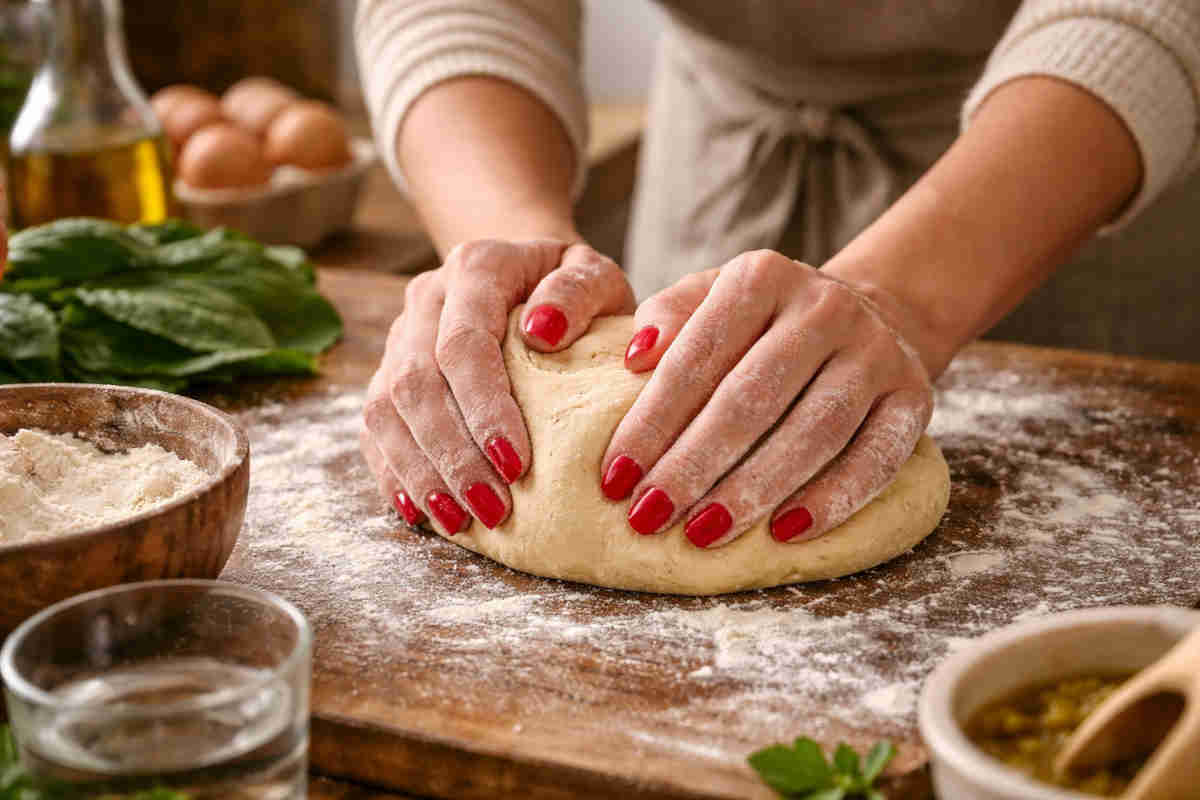 Mani di donna con smalto rosso che impastano su tavolo di legno