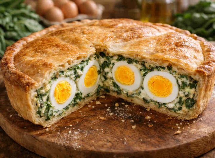 Torta pasqualina preparata secondo la ricetta ligure su tagliere rotondo di legno