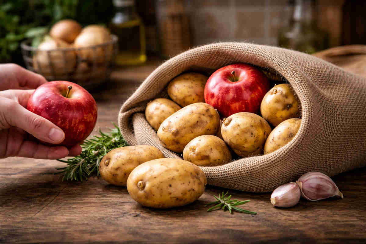 Sacco di iuta con all'interno delle patate e delle mele