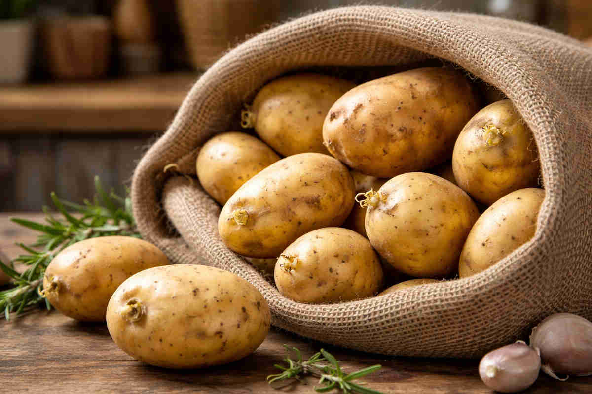 Sacco di iuta con all'interno delle patate, rosmarino e aglio