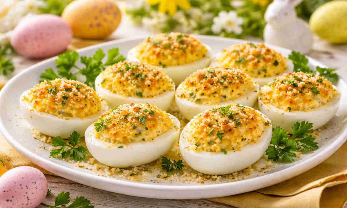 Piatto da portata su tavola pasquale con delle uova ripiene scenografiche e gustose
